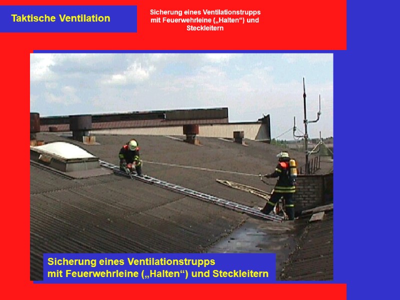 Taktische Ventilation Sicherung eines Ventilationstrupps mit Feuerwehrleine („Halten“) und Steckleitern Sicherung eines Ventilationstrupps mit